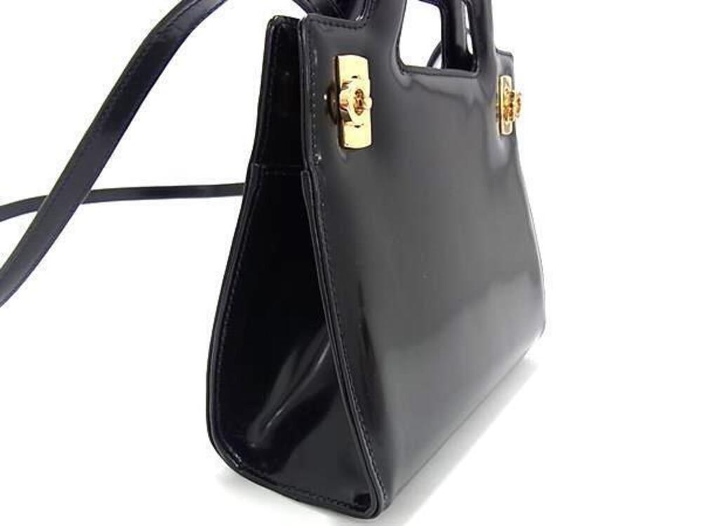 Ferragamo Gancini Wanda Patent Vernis Leather Tote Bag Shoulder Black